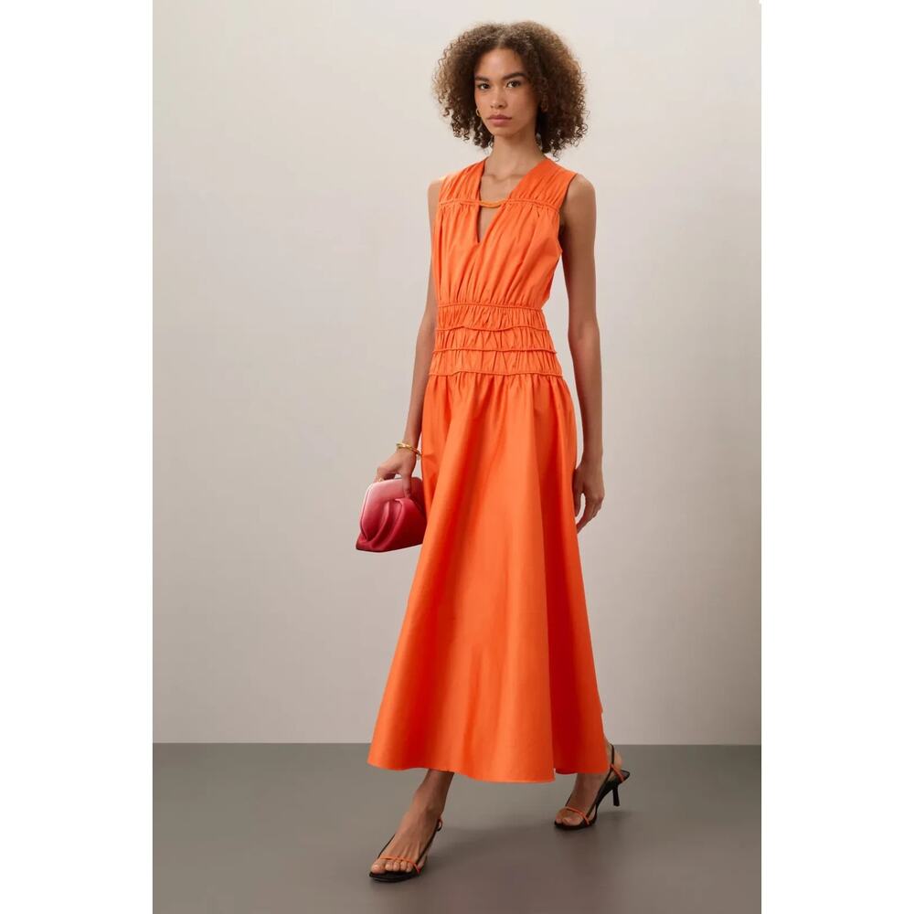 Roksanda Smocked Waist Maxi Dress Orange V-Neck Sleeveless Pleated Sz 6 Rt. $465